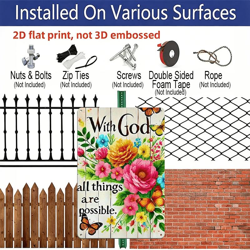 2D Flat 1pc Vintage Metal Wall Art Sign "with God All Things Are Possible" - Floral & Butterfly Bible Verse Decor, 12x8 Inch Rustic Farmhouse