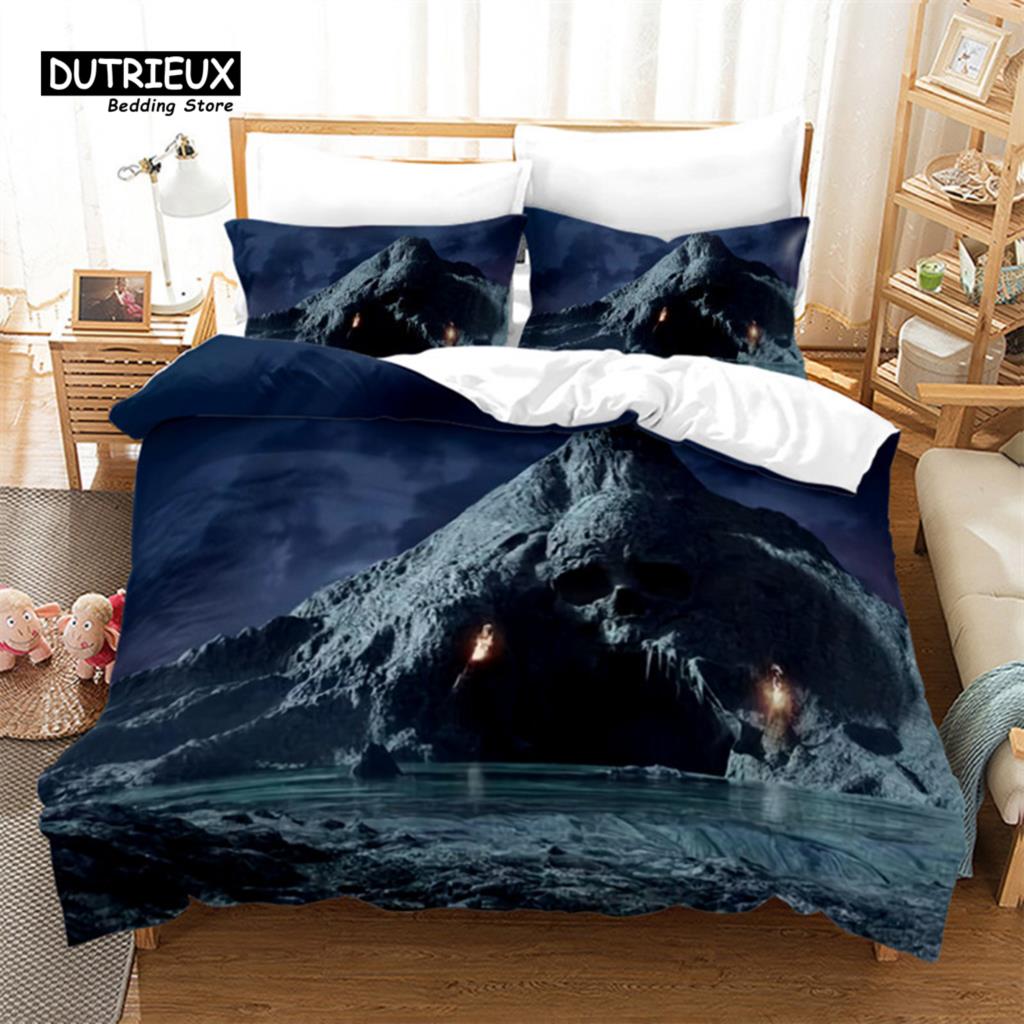 Skull Duvet Cover Microfiber Horror Theme Bedding Set Grunge Scary Skulls Sketchy Graveyard Death Evil Face Full Comforter Cover