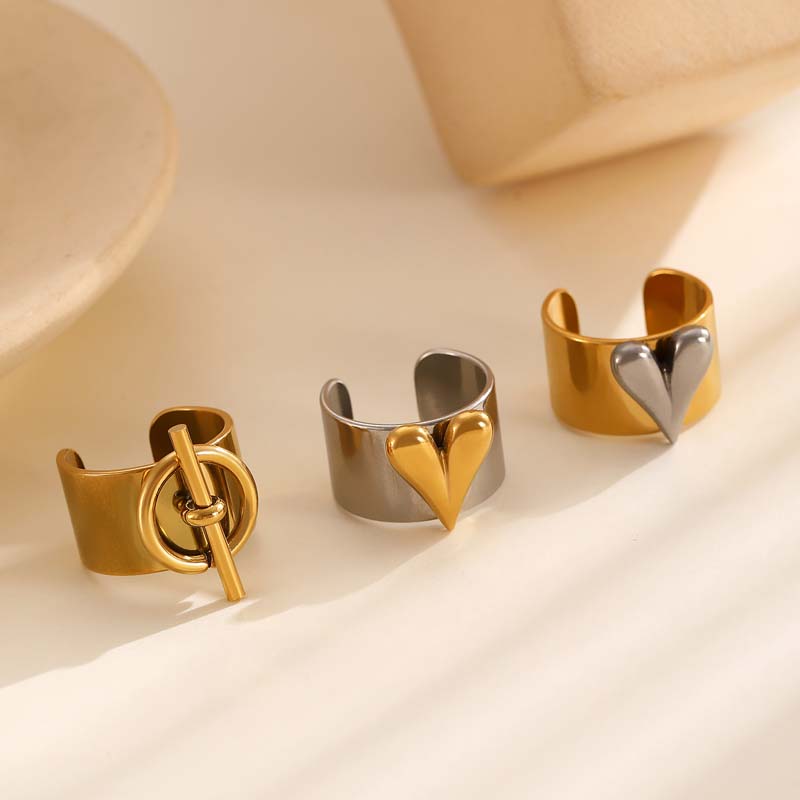 Stainless Steel Metal Heart Pattern Cuff Ring For Women Men Punk Hip Hop Gold Color Adjustable Wide Thick Finger Rings Jewelry