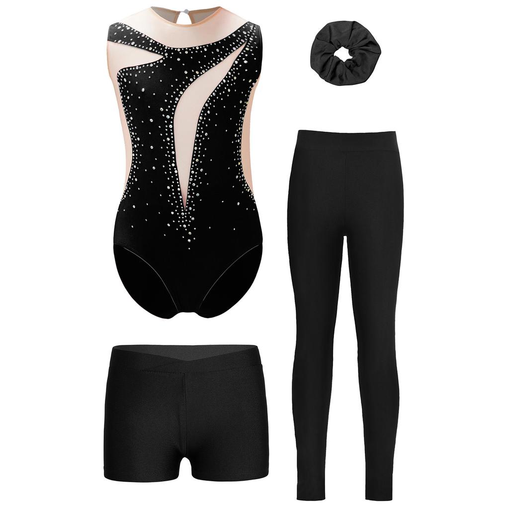Mädchen Glitzer Strass Turnen Leotard Set Bund Shorts Leggings Kopfbedeckung Eiskunstlauf Outfit