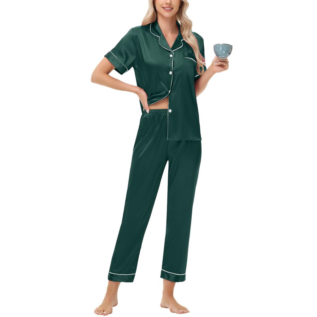 Amazon Independent Station Eisseiden-Pyjama Satin-Set Kurzarm Lange Hose Übergröße Damen Loungewear