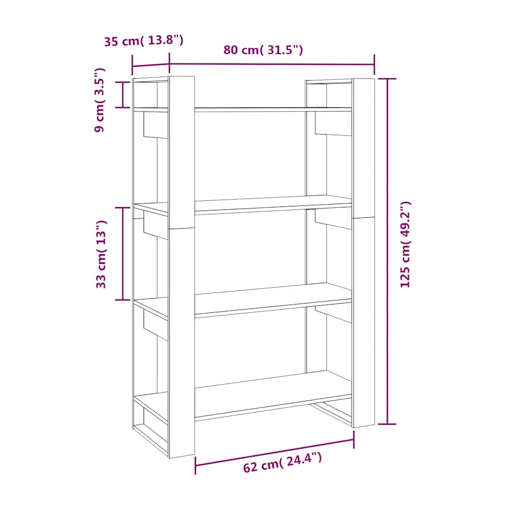 Vidaxl Bookshelf/Room Divider, Black, 80X35X125 Cm, Pine