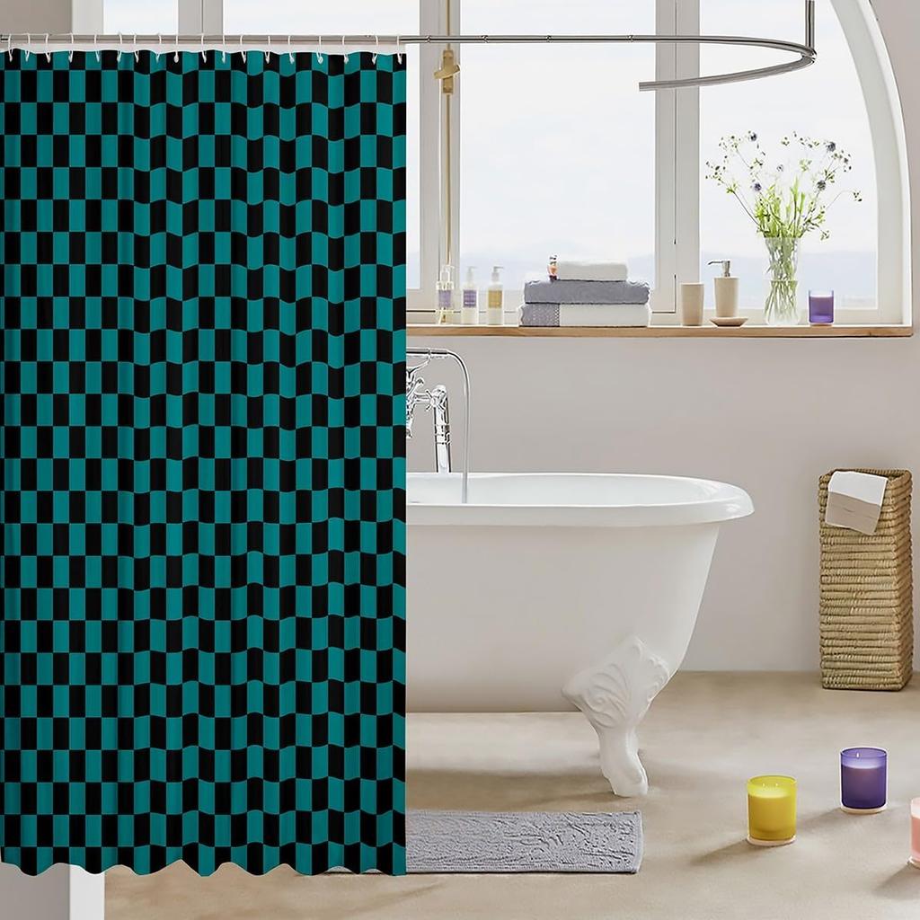 1pc Kids Teal Checkerboard Shower Curtain for Bathroom Decor 72" L x 72" W Plaid Geometric Bath Curtain for Boys Girls Retr