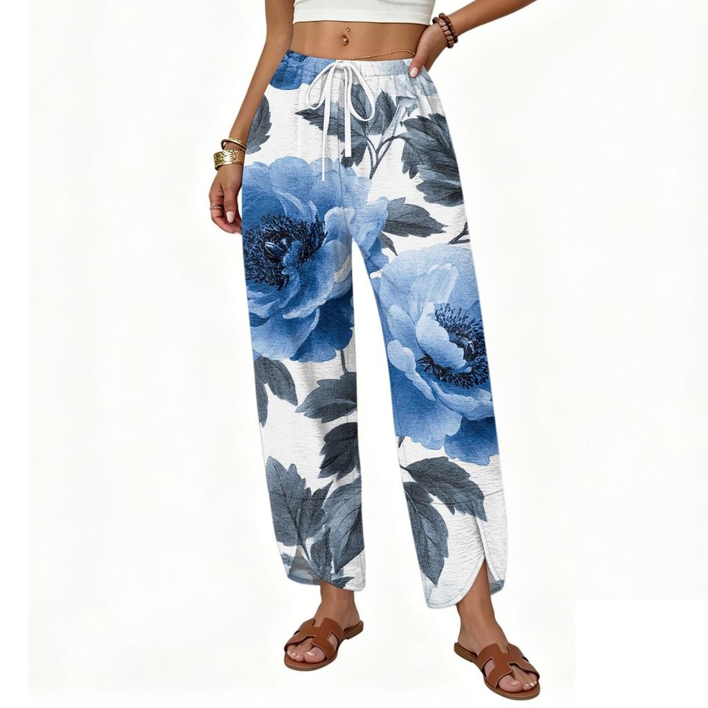 Women's Casual Straight Leg Wide Leg Drawstring Print Pants
