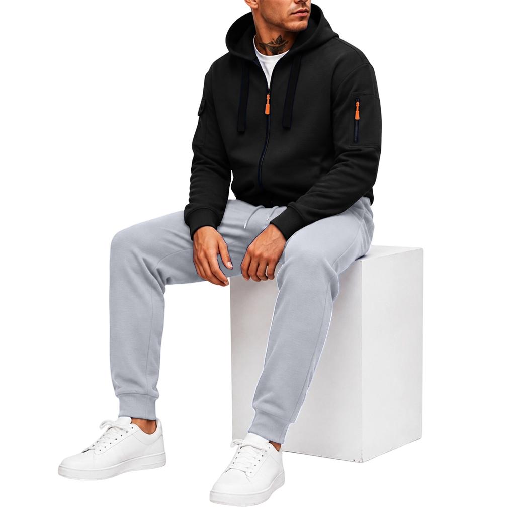 Men's Athletic Full Zip Hoodie and Black Pants Casual Track Suit 2 Piece Set