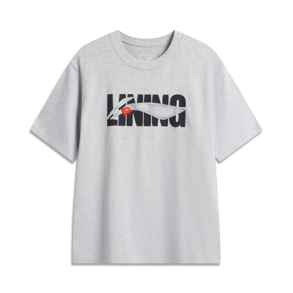 Li Ning Sports Lifestyle Series Casual Simple Round Neck Pullover Letter Loose Short Sleeve T-Shirt Unisex Tops Flower-Gray Light-Gray AHSV741-2