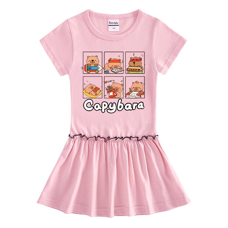 Girls' Summer Cartoon Pleated Ruffle Dress with Raglan Short Sleeves