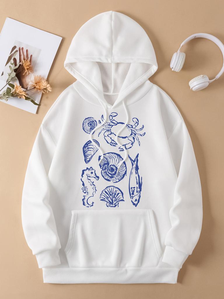 Ocean Fauna Fish Conch Design Women Hoody Loose Fleece Hoodie Autumn Y2K Pocket Hoodies Multicolor Soft Woman Streetwear
