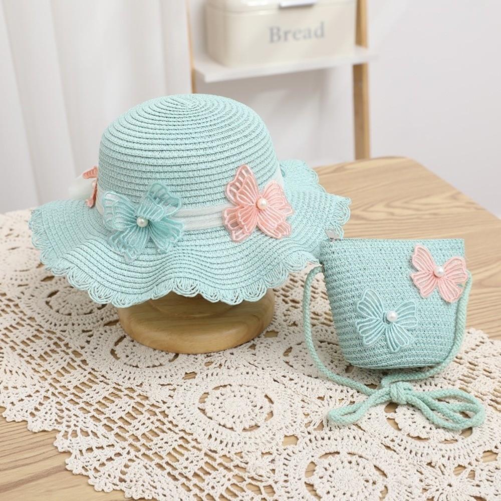 Wide Brim Straw Bag Cap Set Pearl Bow Style Sun Hat Sunscreen Sunshade Hat  for 2-8 Years Kids