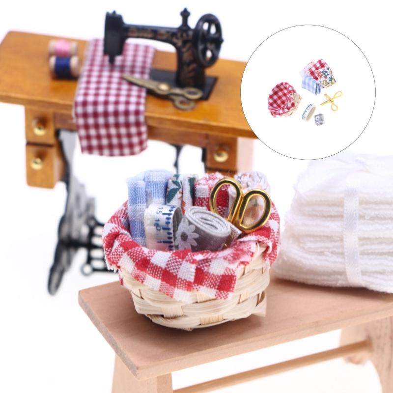 Doll House Miniature Sewing Set Includes Fabric Basket Sewing Tool For Kids Creative Pretend Play and Fine Motor Skill