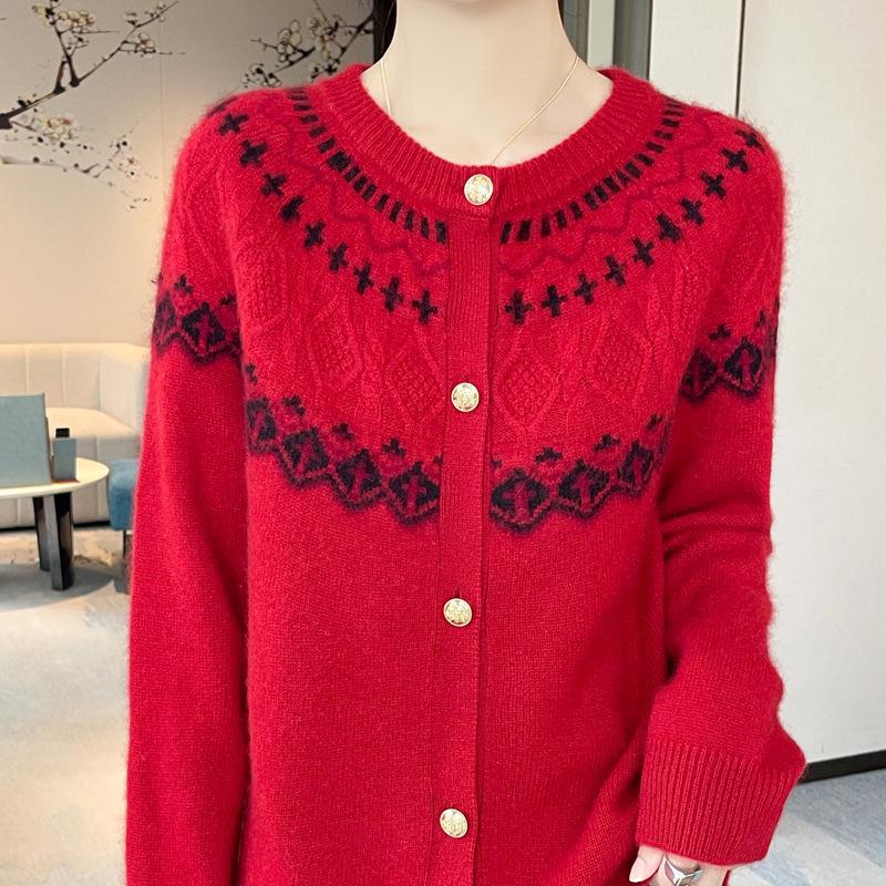 Women's Fair Isle Color Block Wool Cardigan - Round Neck, Age-Reducing Knitwear Jacket