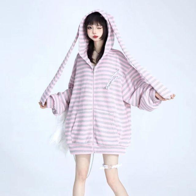 

Y2k осенние милые свободные полосатые вязаные толстовки с кроличьими ушками женские толстовки с капюшоном на молнии кардиган пальто Kpop Kawaii одежда One size бежевый