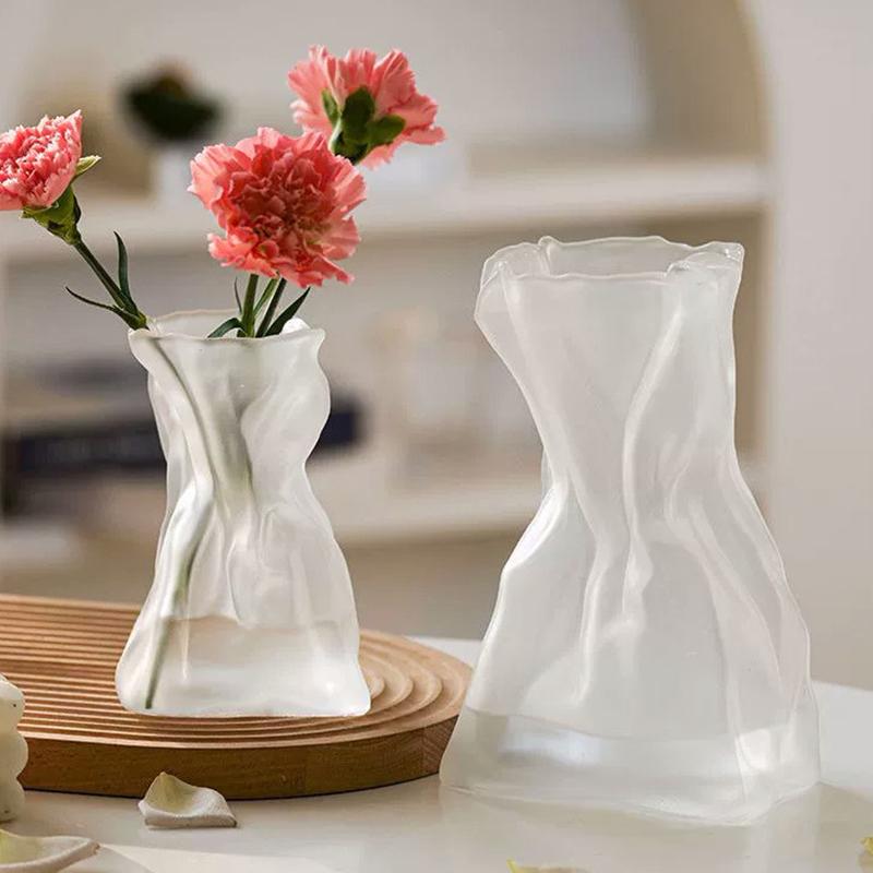 Modern Glass Flower Vase Wrinkled Flower Bottle Hydroponic Plants Pot Table Decorative Vase Home Office Desktop Decoration