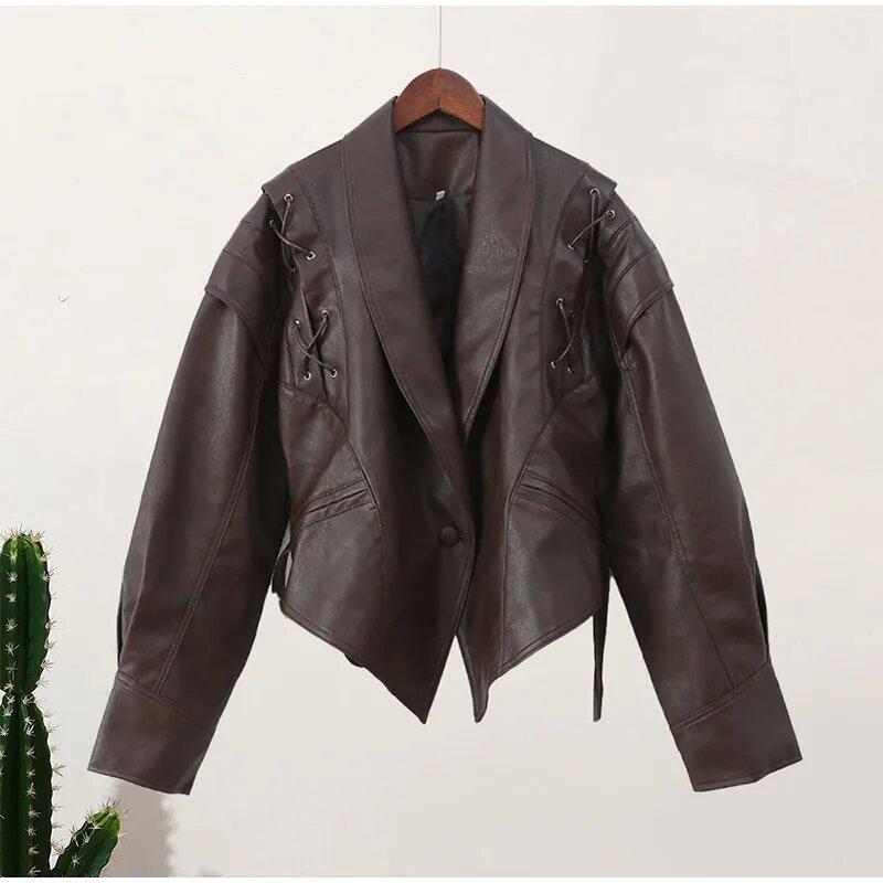 2026 Autumn Retro Faux Leather Jacket with Tie Lapel