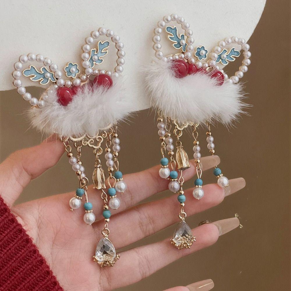 Plush Lion Dance Hairpin Cloth Hanfu Hair Clip Sweet Red Velvet Bow Hairpin  Girls