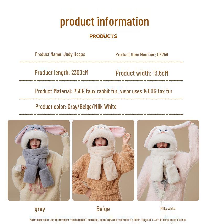 Zootopia Judy Rabbit Winter Warm 3-Piece Set: Plush Hat, Scarf, and Gloves