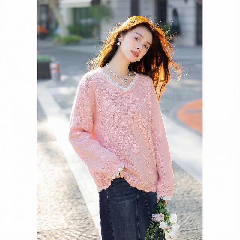 

Moka na Women s French Lace Long-Sleeved Knit Sweater One Size