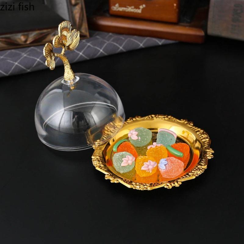 Metal Dessert Plate Transparent Acrylic Cover Dim Sum Dish Pastry Plate Bread Plates Fruit Tray Salad Bowl Snack Bowl Candy Dish