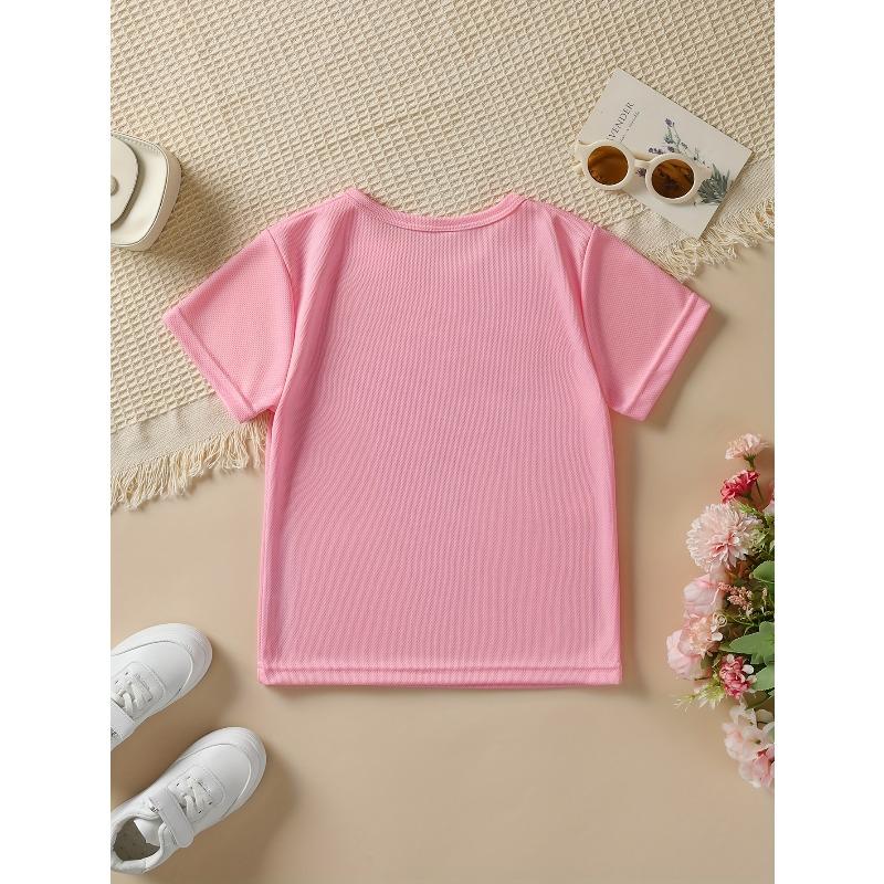 European Size Girls Round-neck Short-sleeved T-shirt with Cartoon Cat Reading Book and Kabbalah Pattern