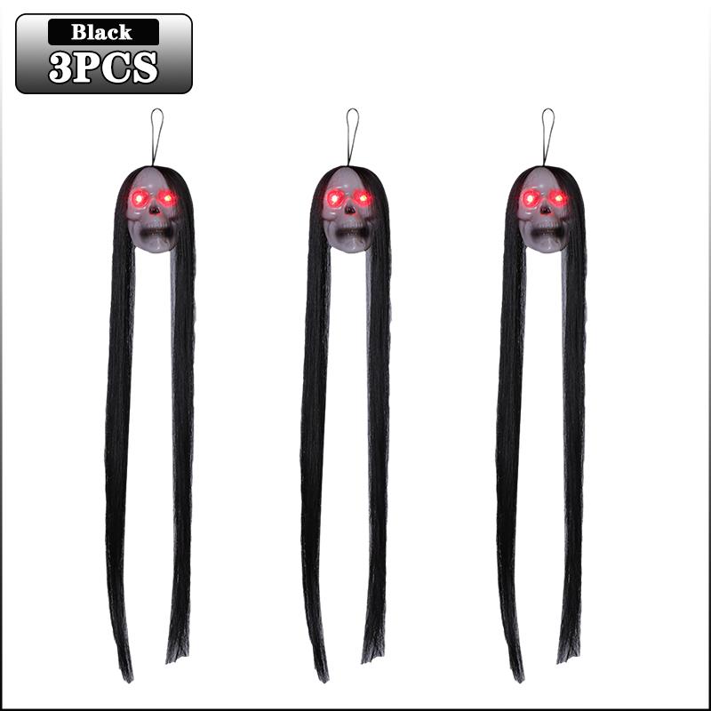 Halloween Hanging Ghost Skull with Long Hair Glowing Eyes Terror Skull Ghost House Head Skeleton Props 2024 Halloween Decoration