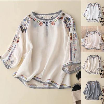 Summer Vintage Blouse Women Embroidery Shirts & Blouses Cotton Linen Chemise Ladies Loose Casual Pullover Tops