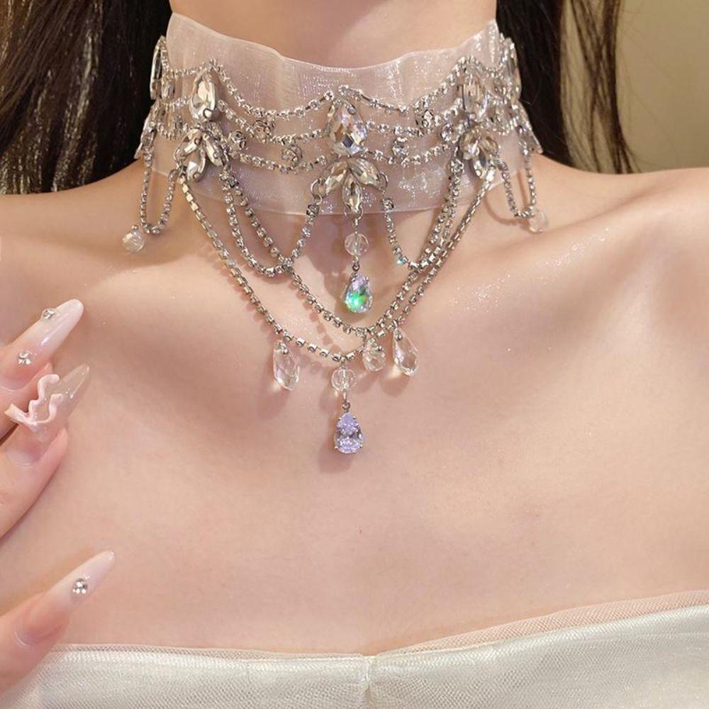 Chiffon Choker Necklace Rhinestone Teardrop Pendant Gifts Collar Necklace Party Outfit