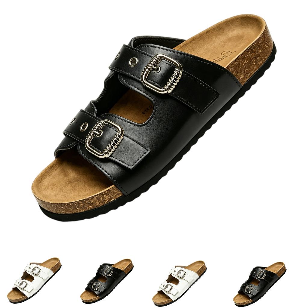 Women's Summer Fashion Soft Sole Flat Slide Sandals with Adjustable Metal Buckle Strap Comfortable Footbed Casual Slip On Shoes