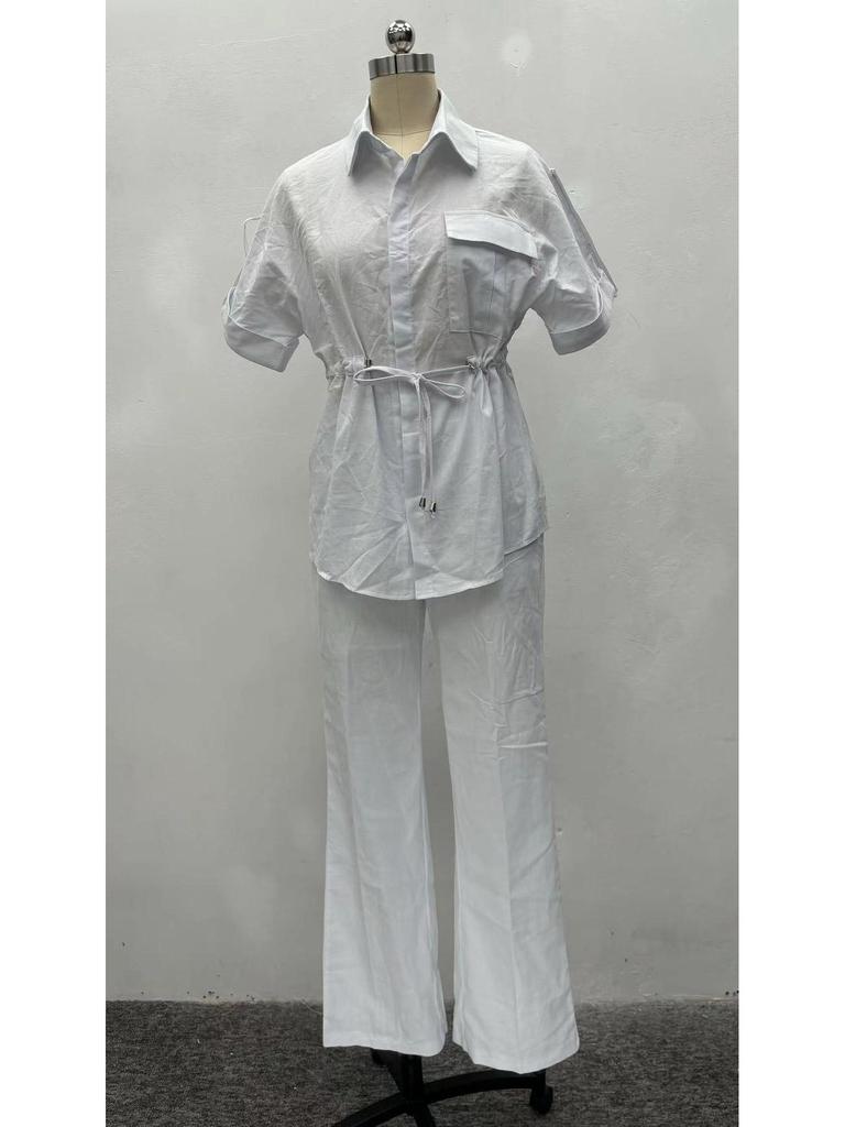 Women's Casual Summer Two-Piece Set: Short-Sleeve Pocket Shirt & Long Pants