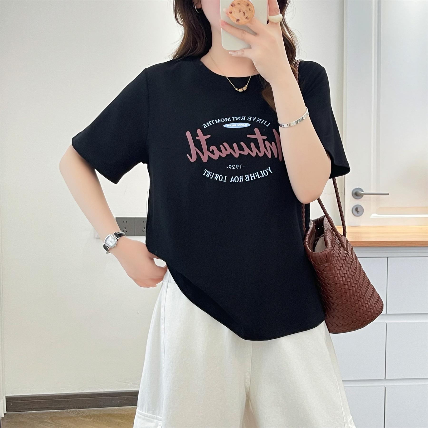 

2026 Women s Plus Size Slimming Cotton T-shirt - Short Sleeve, Round Neck, Printed Fashion Top XL чорний