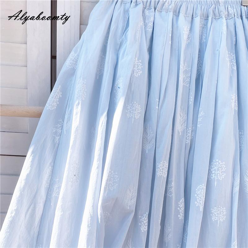 Japanese Mori Girl Summer Women Blue A-Line Skirt High Waist Floral Cotton Elegant Skirts Womens
