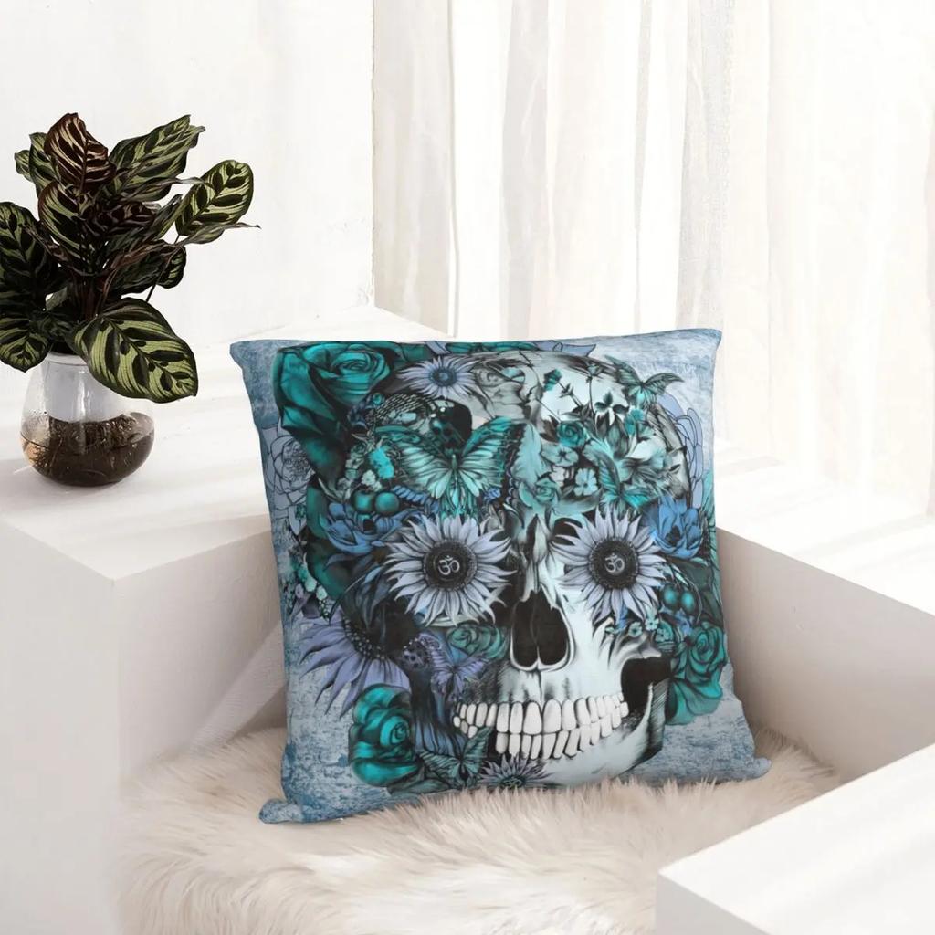 Blaues Grunge Ohm Totenkopf Schmetterlinge Kissenbezug Bedruckt Polyester Kissenhülle Dekorative Kissenhülle Abdeckung Auto Reißverschluss