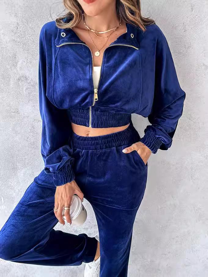 Women's Autumn 2024 Gold Velvet Cropped Top & Long Sleeve Pants Casual Set