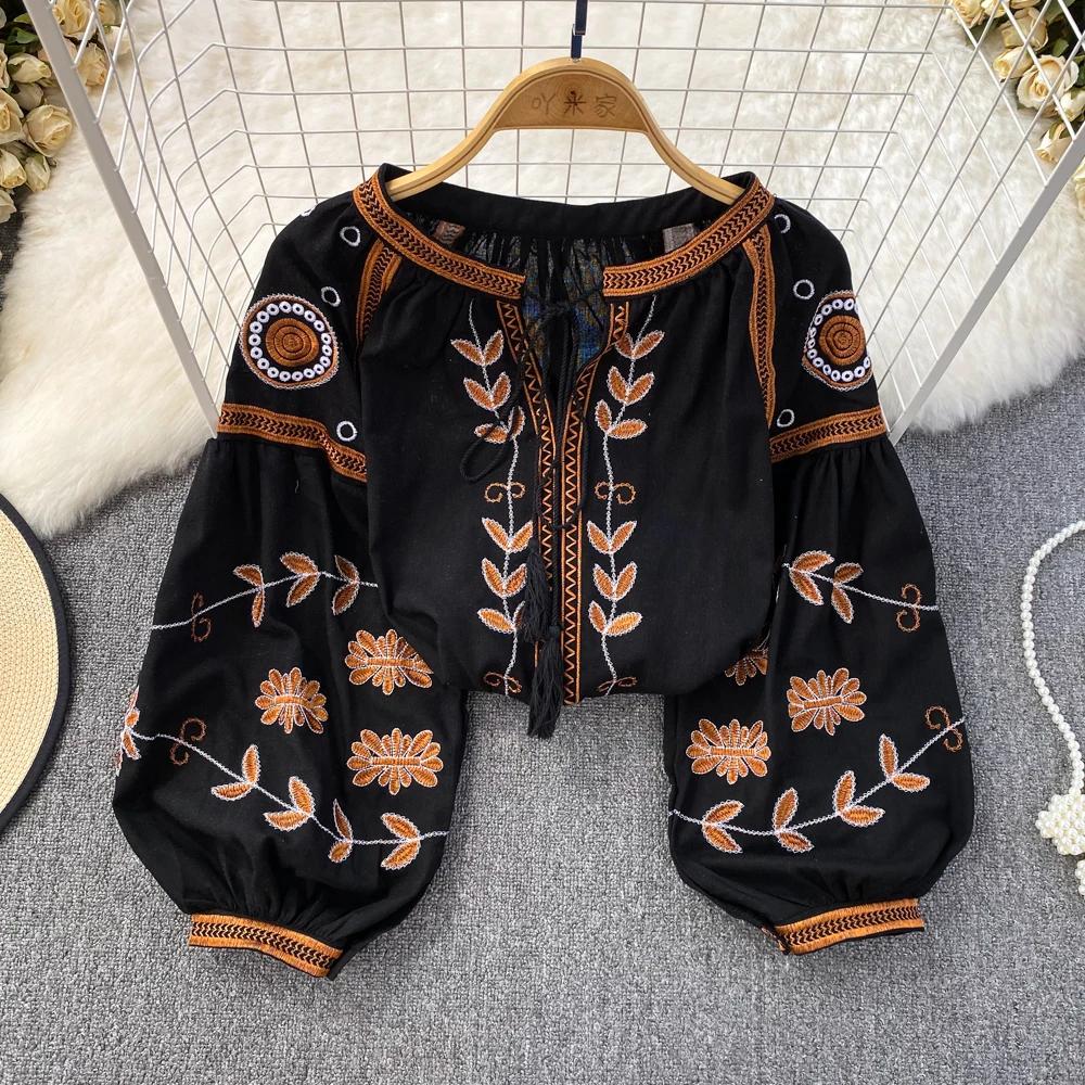 O-neck Floral Embroidery Lantern Sleeve Women Loose Camisas Ethnic Style Spring and Autumn Blouse