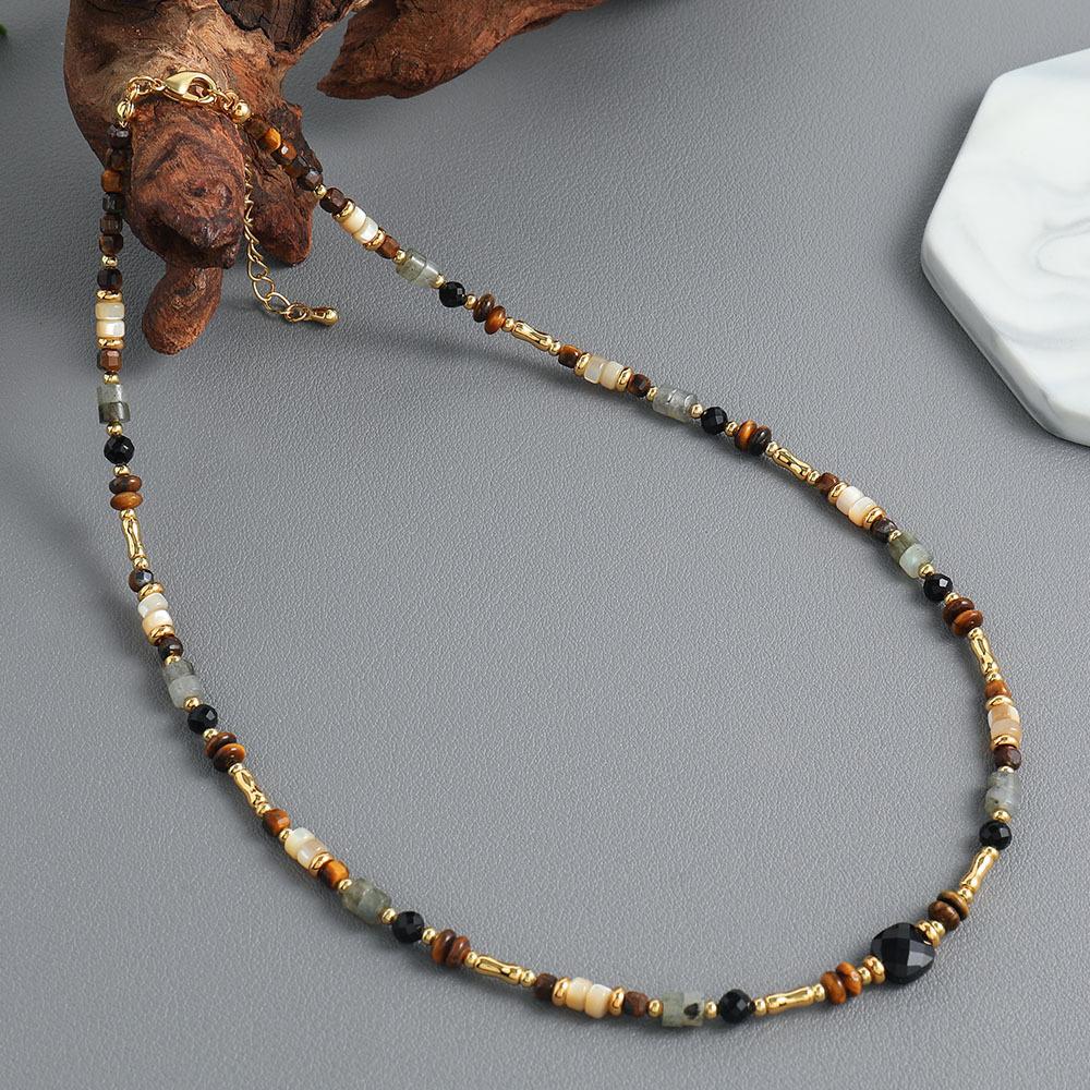 European and American color retro ethnic style natural stone shell handmade beaded necklace niche design versatile collarbone chain