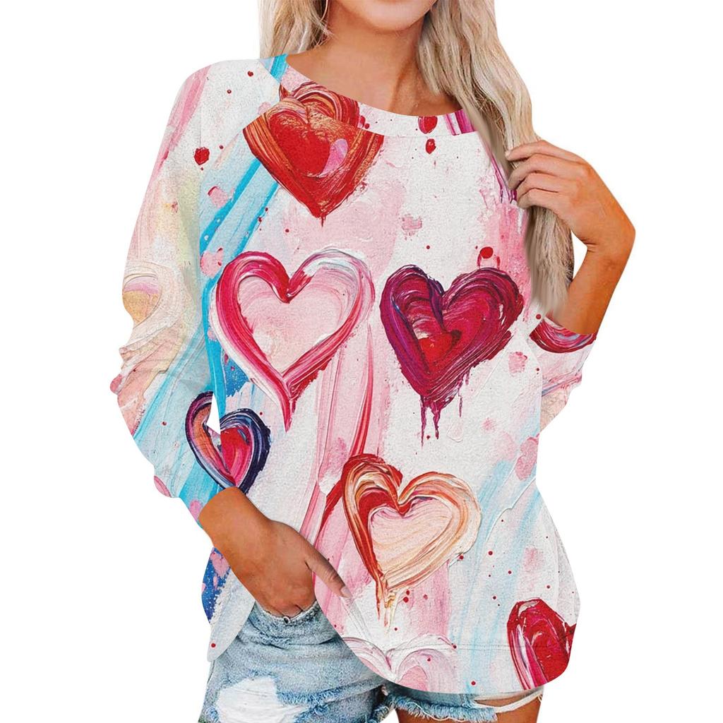 Damen Modisches Rundhals Schulter Langarm Valentinstag Bedrucktes Lässiges Pullover-Oberteil