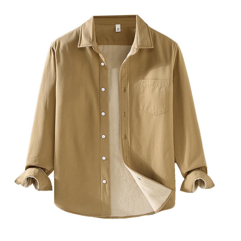 Men's Winter Cotton Velvet-Lined Warm Square Collar Shirt Jacket