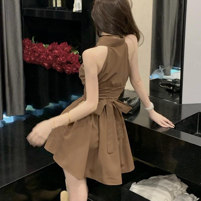 French Spice Girl Shirt Neck Dress Women's Summer Small Back Bow Sleeveless Waist Polo Skirt