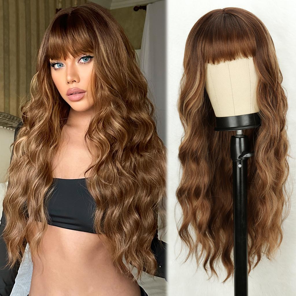 MERISIHAIR Long Wave Synthetic Wigs Wavy Wig With Bangs Chocolate Brown Hair For Women Wig Heat Resistant Daily Use