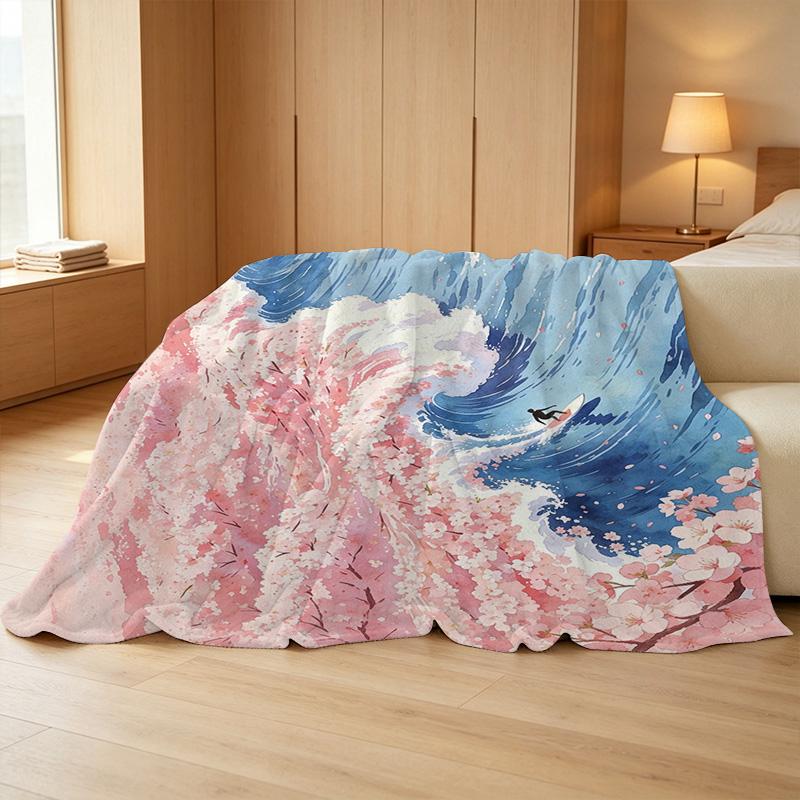 Single Size Flannel Fleece Blanket, Soft Short Plush, Cherry Blossom & Ocean Waves, Warm Cozy Blanket for Bedroom, Home, Christmas & Halloween Decor