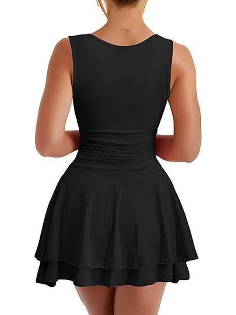 European & American Square Neck Mini Dress with Pleated Hem and High Waist - Women's Fashion 2026