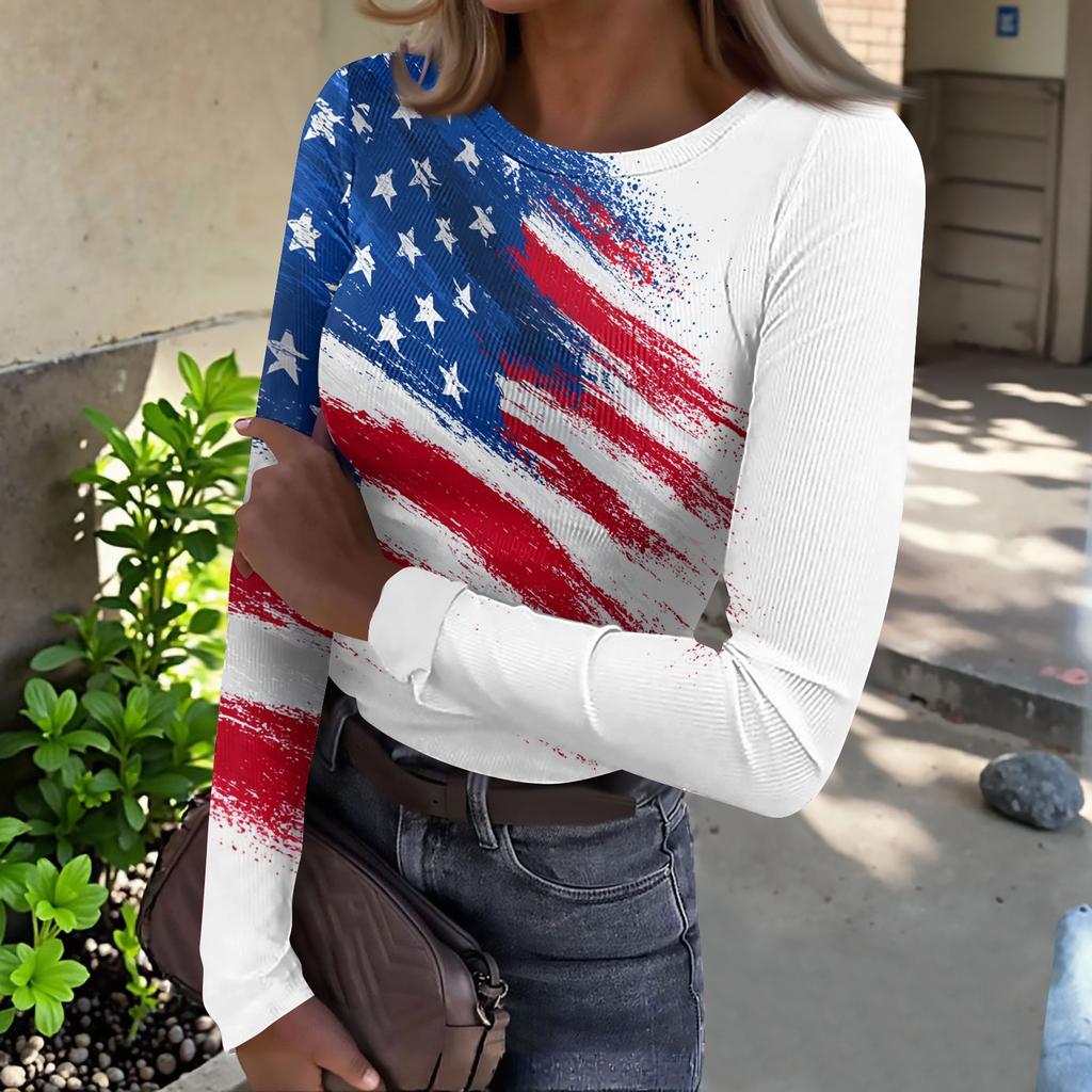 Women's Casual Fashion Round Neck Independence Day Print Long Sleeve Ribbed Top