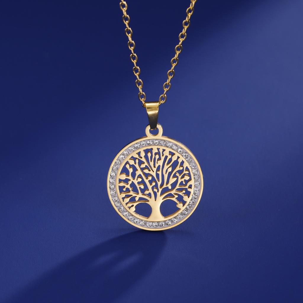 Women's Stainless Steel Gold-Color Tree of Life Necklace with Clear Zircon round Pendant Luxury Jewelry Gift for Weddings