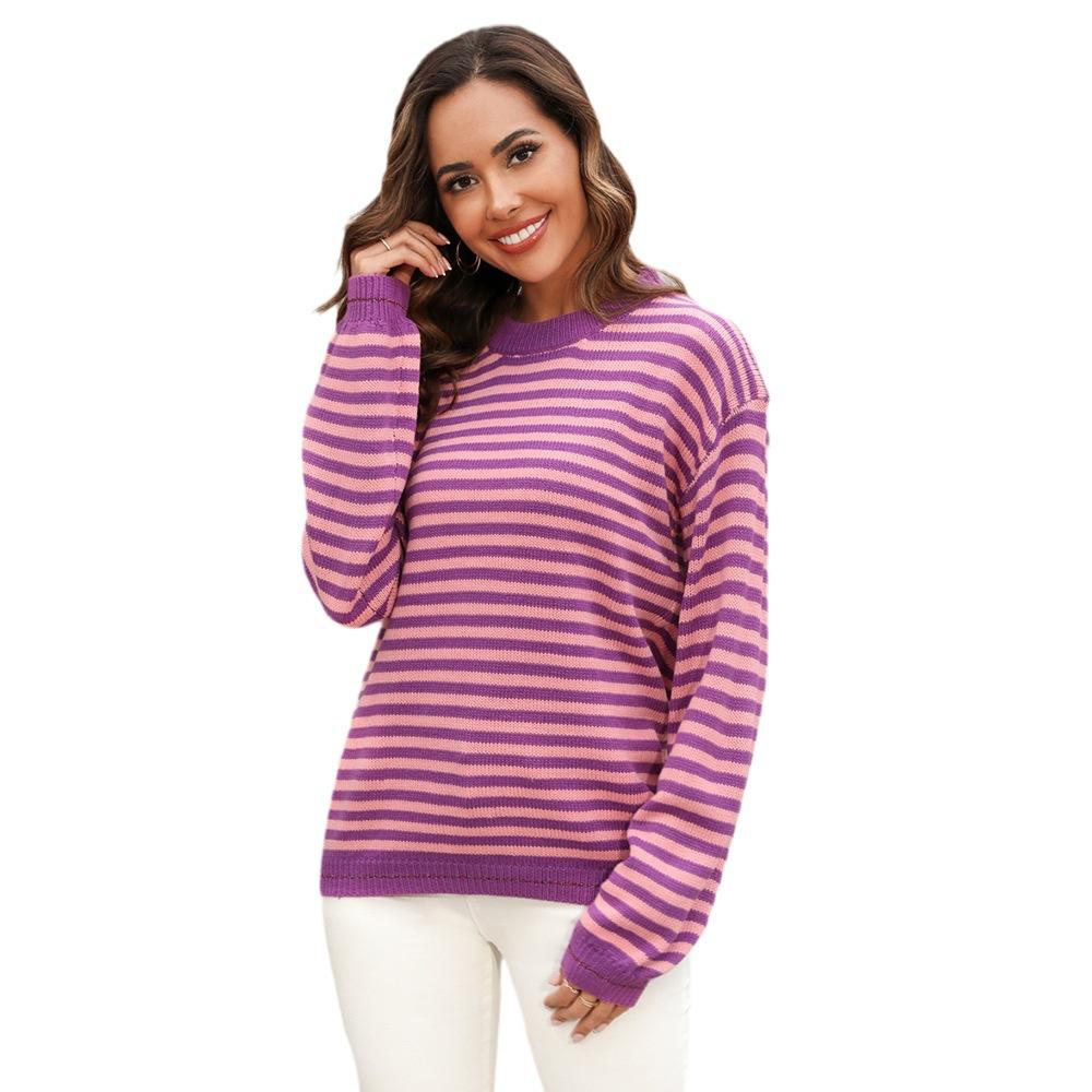 Damen Herbst/Winter Gestreiftes Langarm Strickoberteil