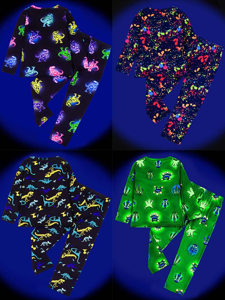 Flame-Retardant Milk Silk Kids' Dinosaur Pajama Set - Green Fluorescent, Long Sleeve & Pants