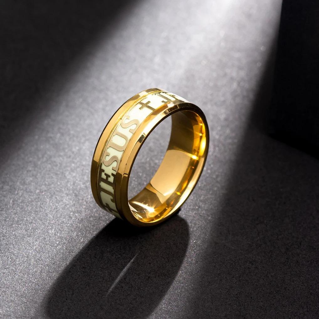 Modischer Edelstahl Leuchtender Christen Jesus Kreuz Ring Für Männer Frauen Leuchtet im Dunkeln Titan Fluoreszierender Ehering Schmuck 11 gray