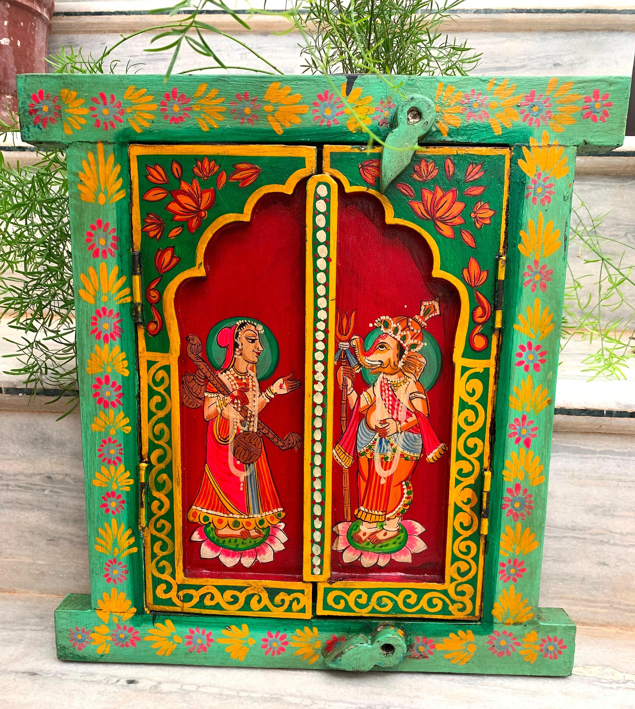 Hand Painted God Ganesha Wooden Window: Hindu Wall Decor Jharokha разноцветный
