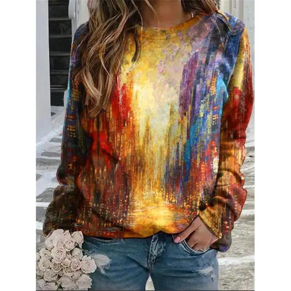 Round Neck 3D Gradient Color Printed Top Fashionable Casual Long Sleeved Women's T-shirts