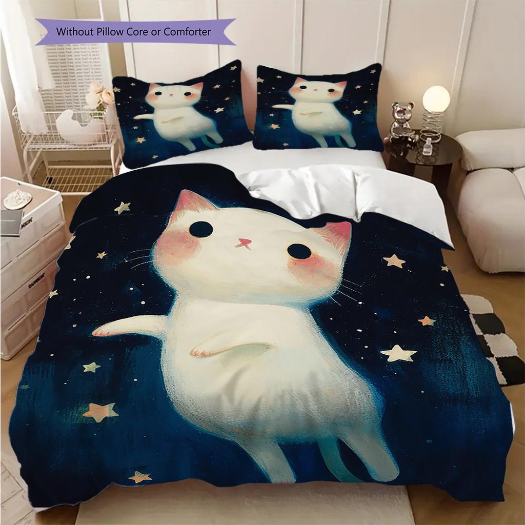 White Cat Pattern Bedding Quilt Set Quilt Cover Pillowcase Home Decoration Birthday Gift (1 * Duvet Cover + 2 * Pillowcase, Without Core)