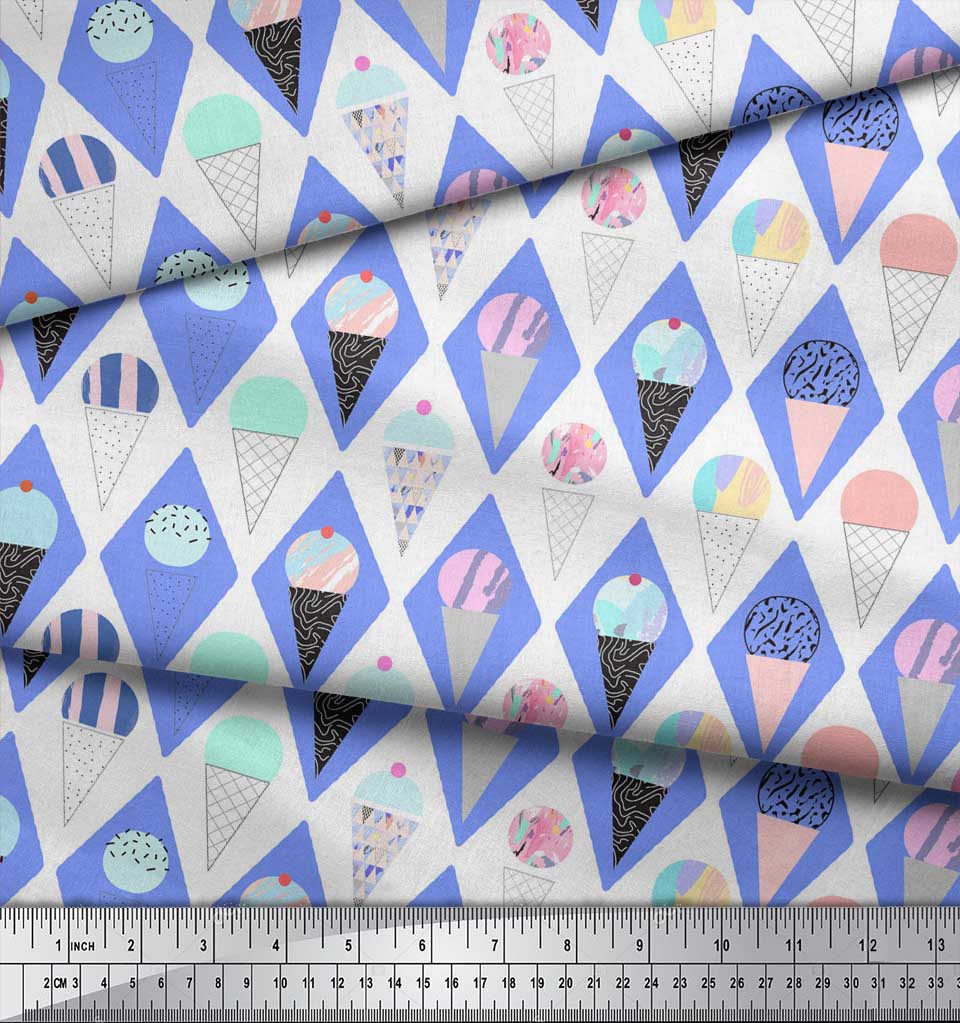 Soimoi Blue Japan Crepe Satin Fabric Diamond & Ice Cream Cone Food Print Fabric by the Metre 42 Inch