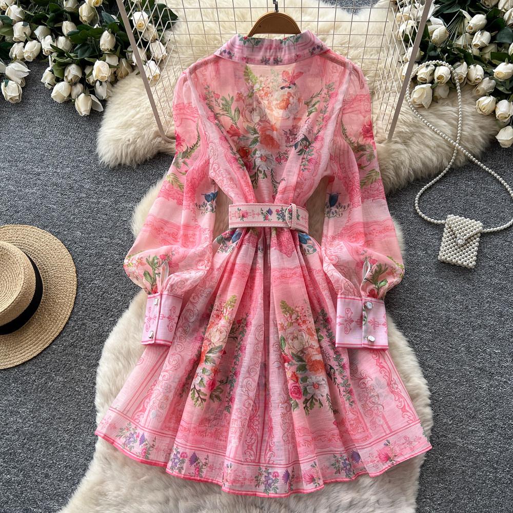 Vintage Women Single Breasted Gorgeous Flower Print Shirt Dress New Autumn Notched Collar Linen Boho Holiday A Linen Mini Dress
